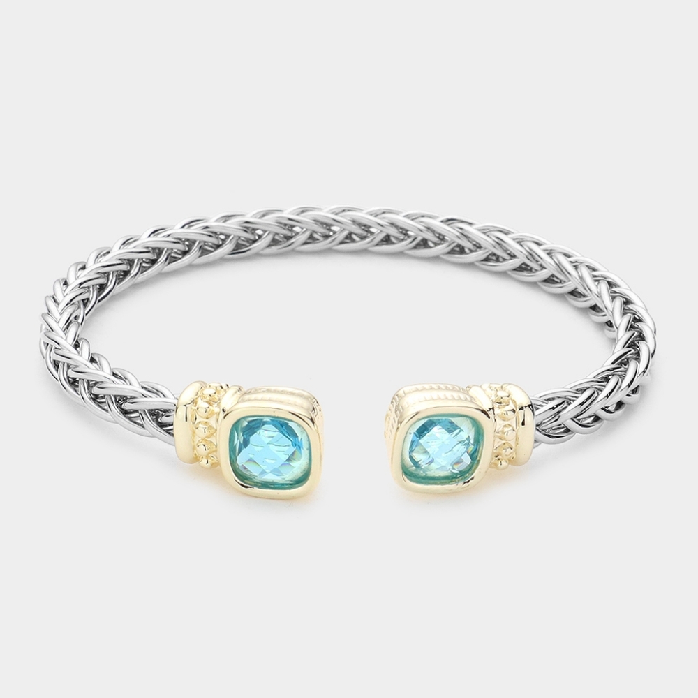 Aqua Blue Gold Cushion Square Stone Silver Cable Cuff Bracelet Jewelry